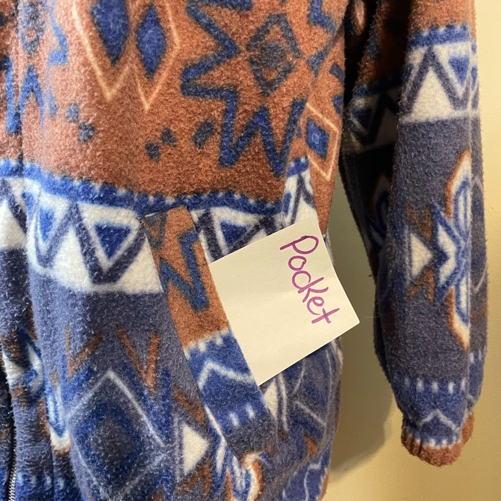 OutBrook Womens Aztec Tribal Fleece Jacket‎ Blue Brown full zip hooded w/pockets - Picture 12 of 12
